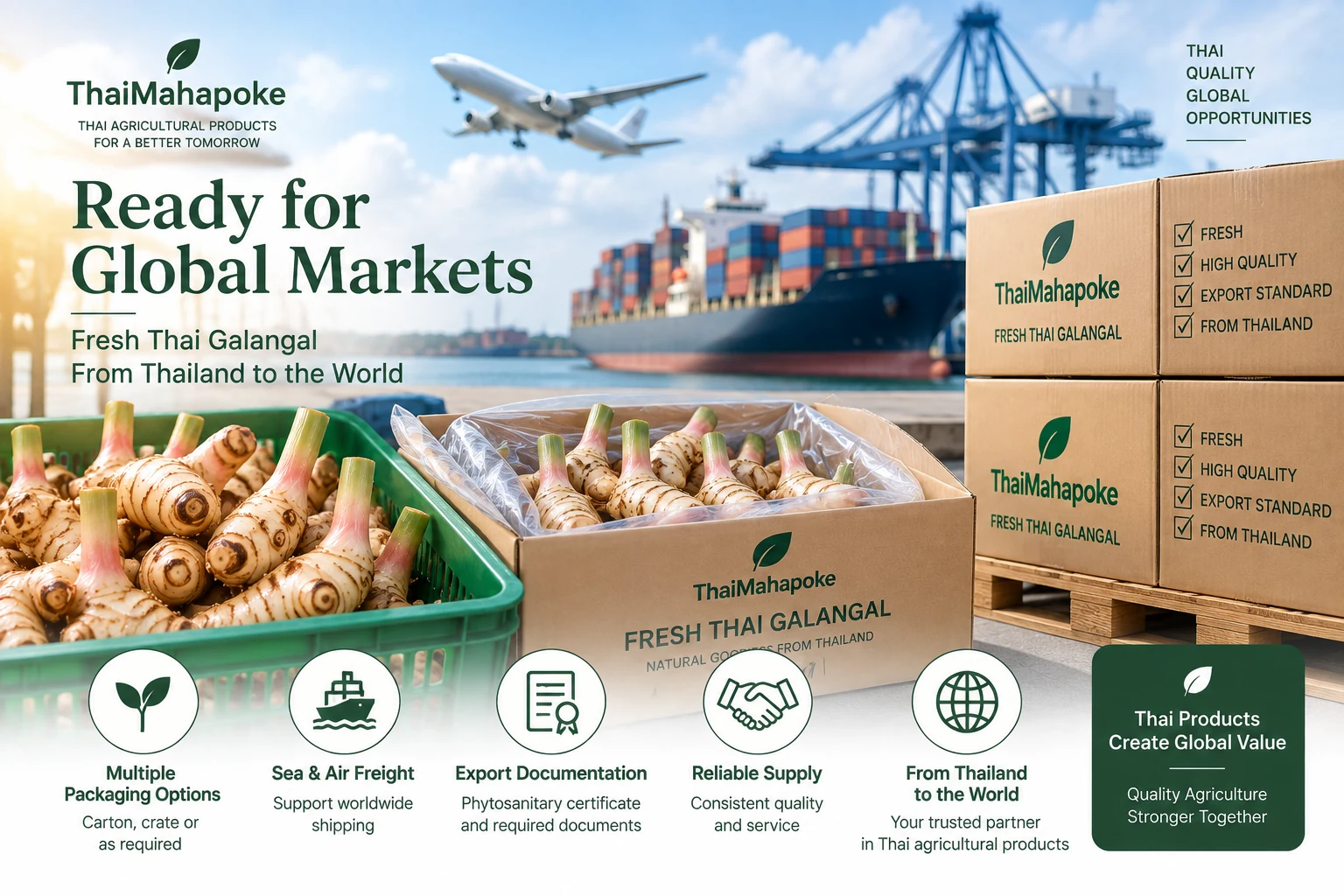 Fresh Thai galangal packed for commercial export shipment