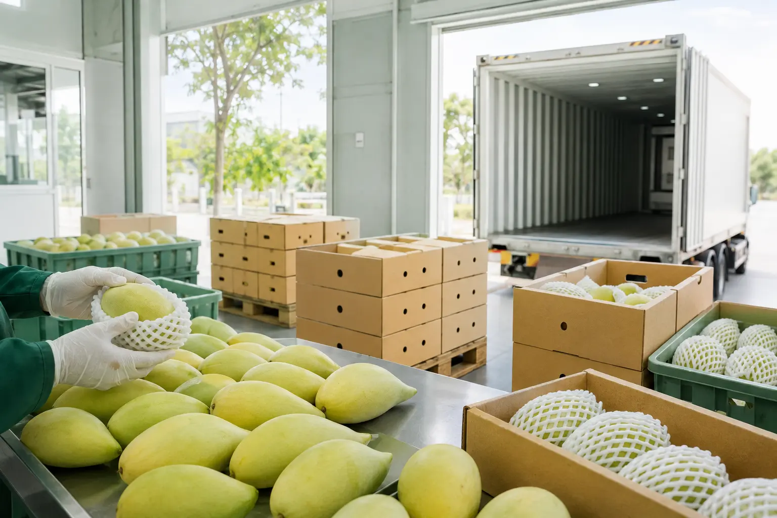 Fresh Thai mangoes graded, packed on pallets and prepared for export