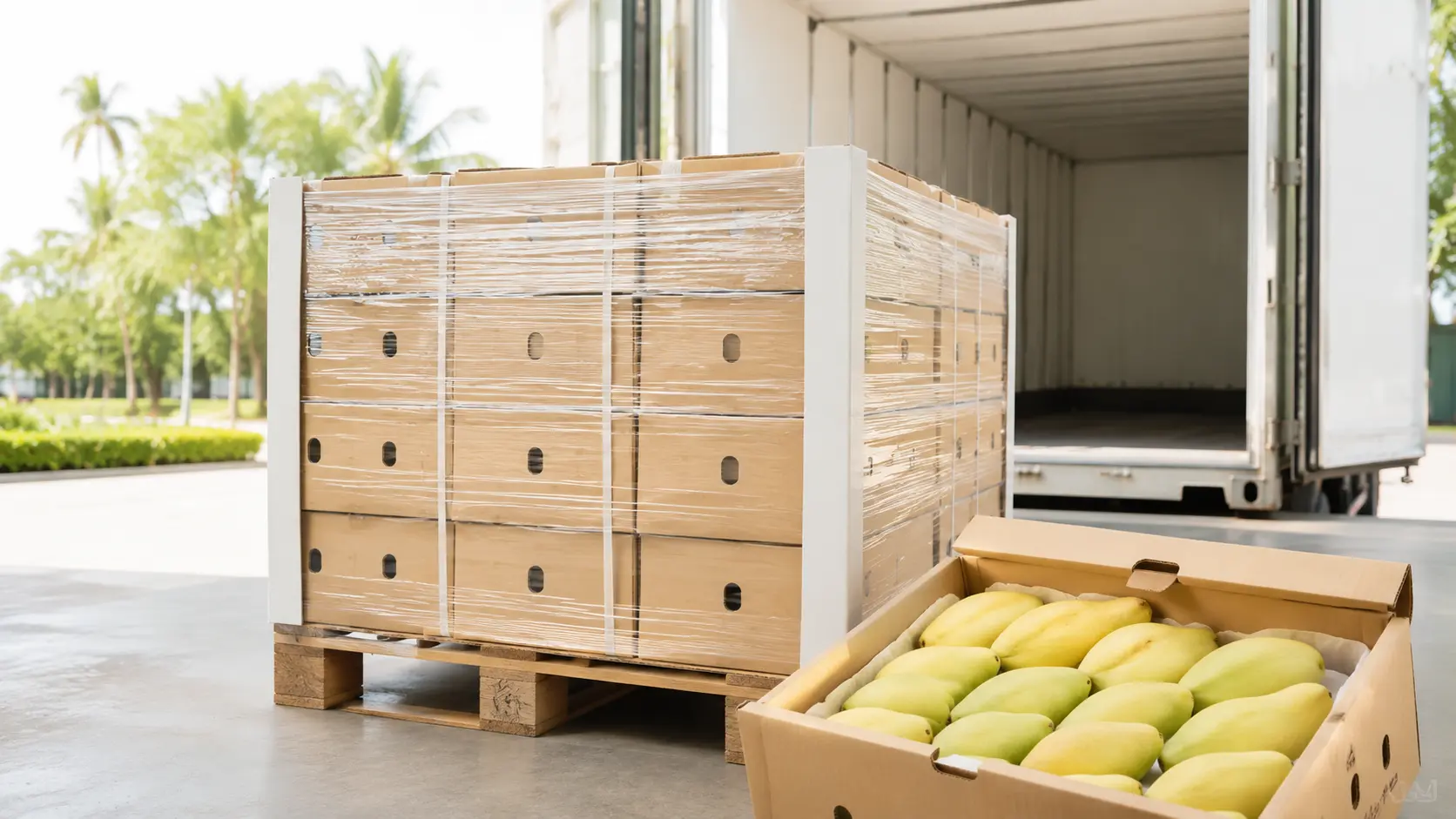 Palletized fresh Thai mango export cartons prepared for refrigerated cargo loading