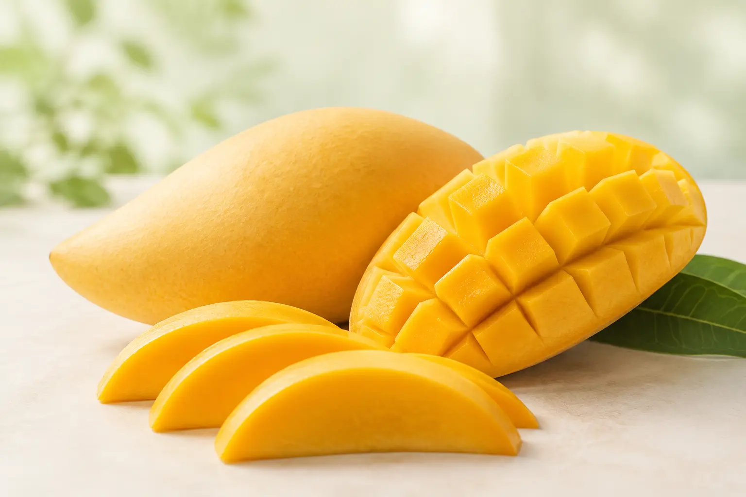 Sliced ripe Thai Nam Dok Mai mango showing golden flesh