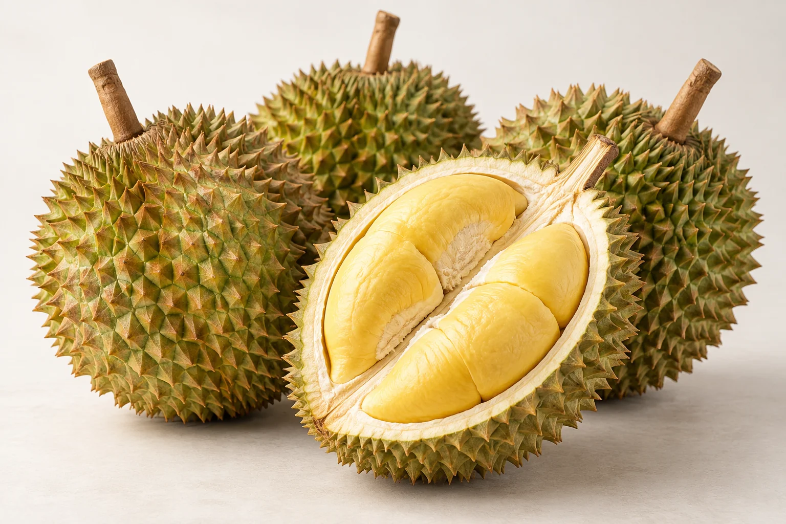 Illustrative image of whole and cut fresh Thai durian