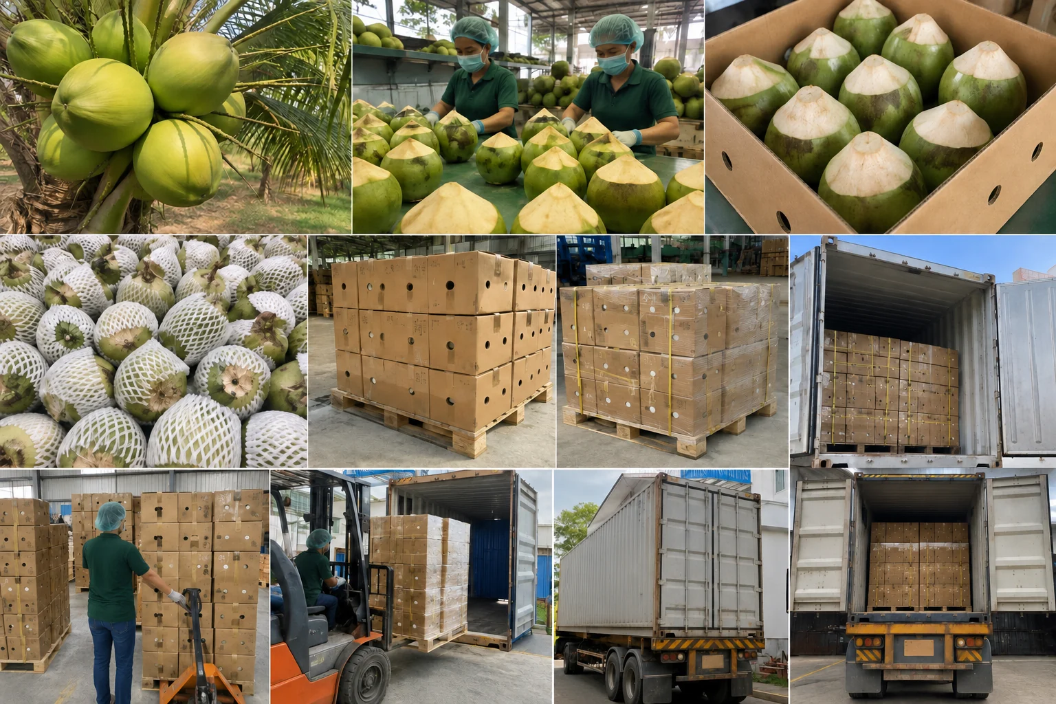 Thai Nam Hom coconuts prepared, packed on pallets and loaded for export