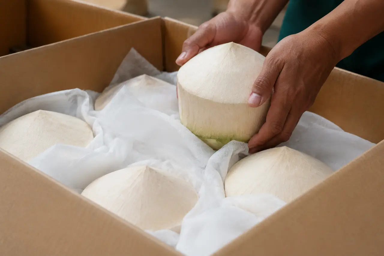 Trimmed Thai Nam Hom coconuts protected inside a corrugated export carton