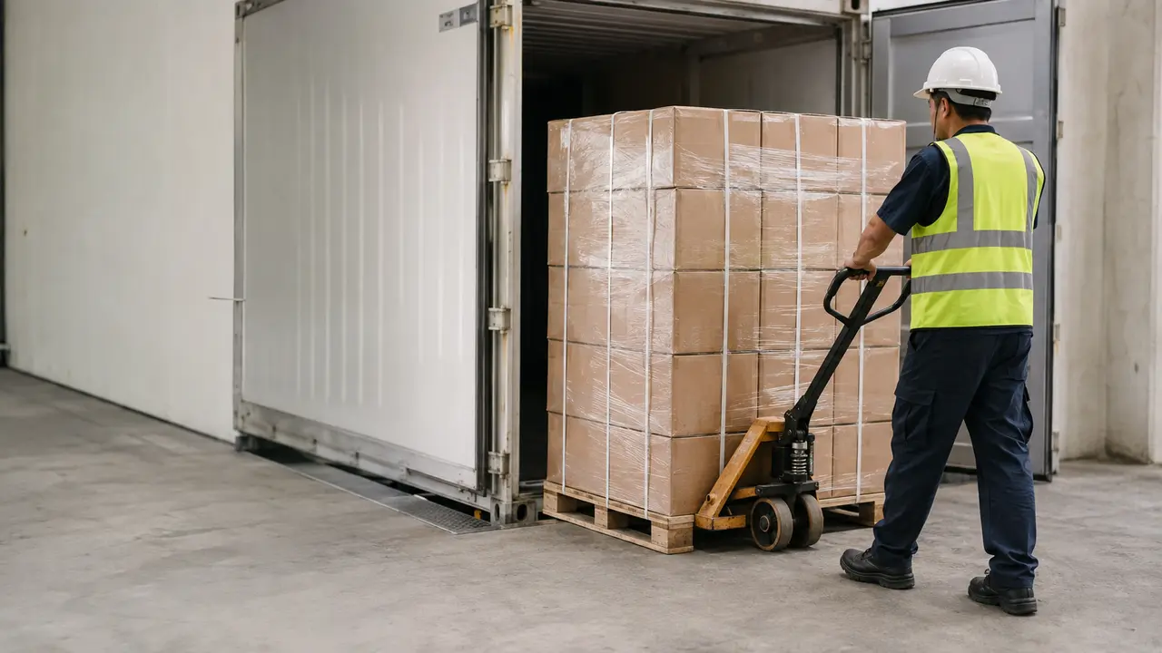 Palletized export cartons prepared for refrigerated cargo loading